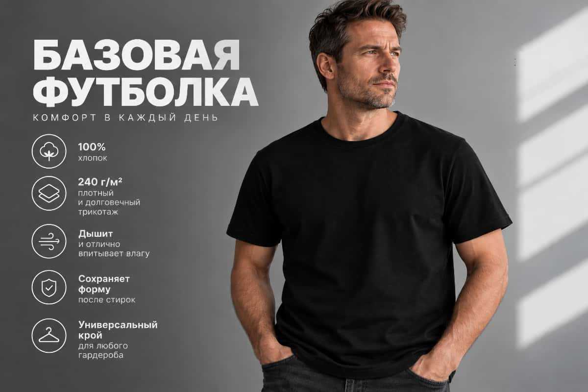 Базовые мужские футболки из хлопка Базовая черная футболка из 100% хлопка