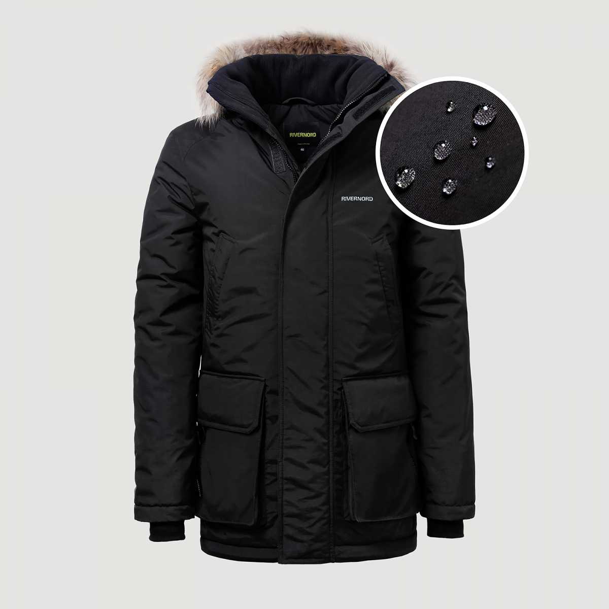 Качественная ткань без мембраны на парке Extreme Winter хорошо держит влагу